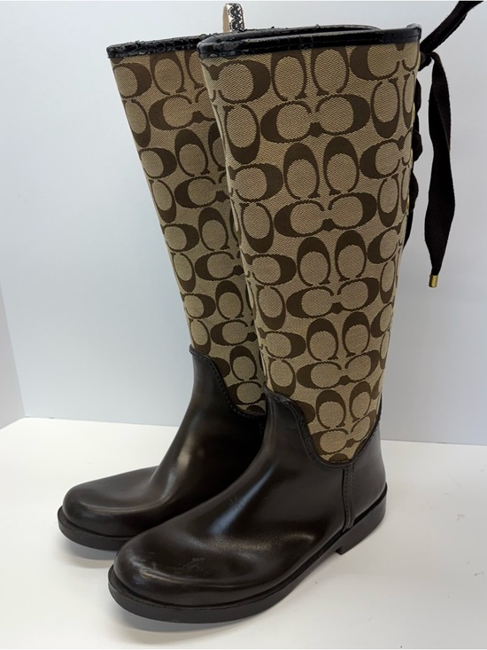 Coach Shoes - Coach Tristee Tall Rain Boot Brown Signature Jacquard Equestrian Corset Lace 8 B